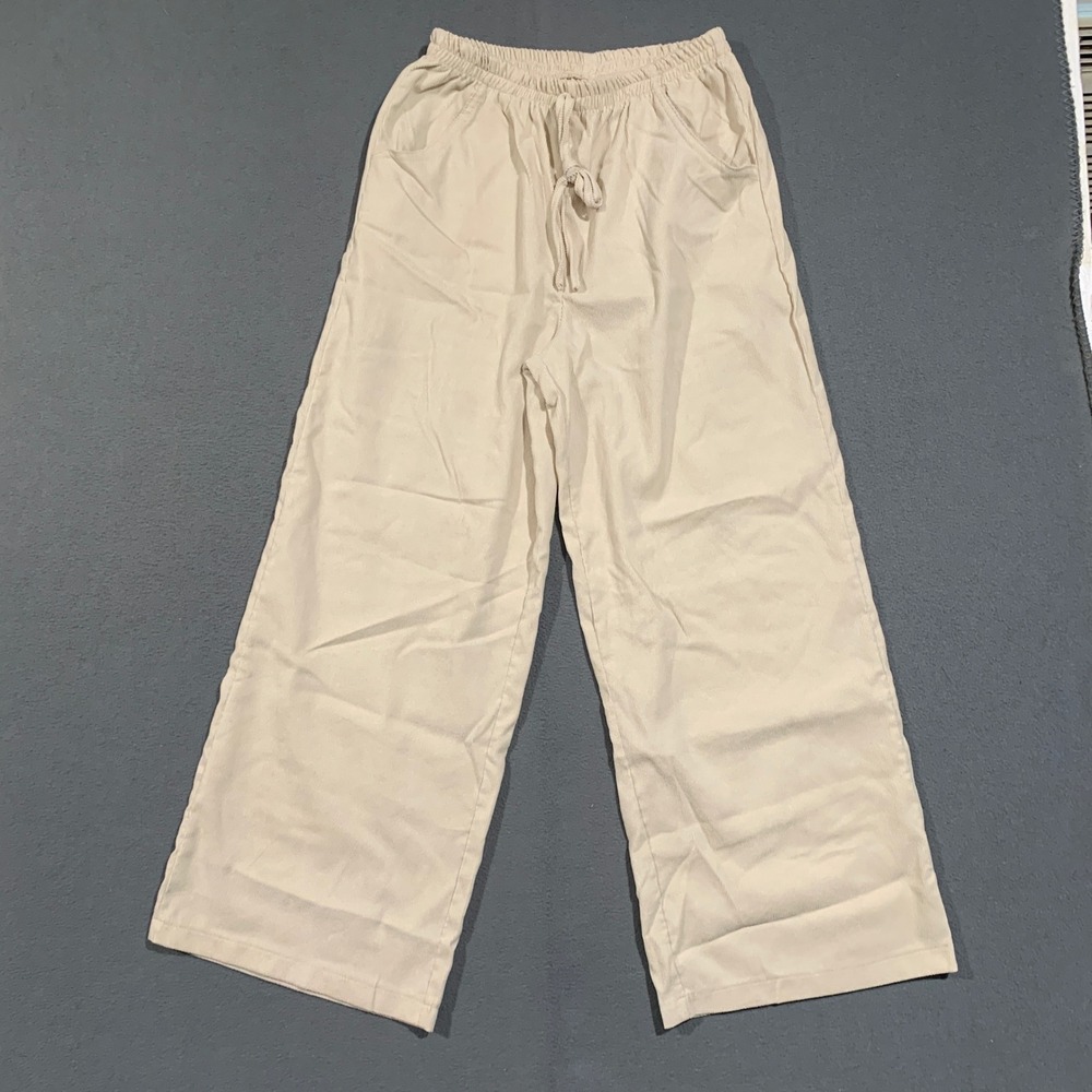 Corduroy Wide Leg Pants Women Medium Beige Elastic Waist Casual Coastal Boho
